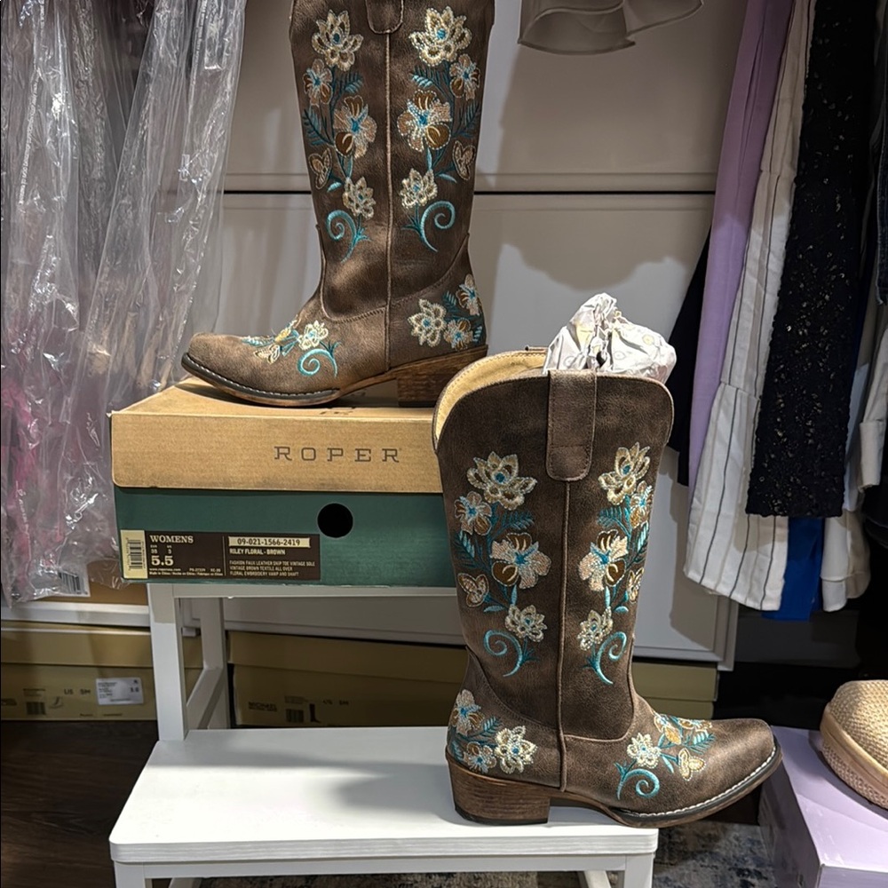 Roper Brown and Blue Floral Heeled Boots